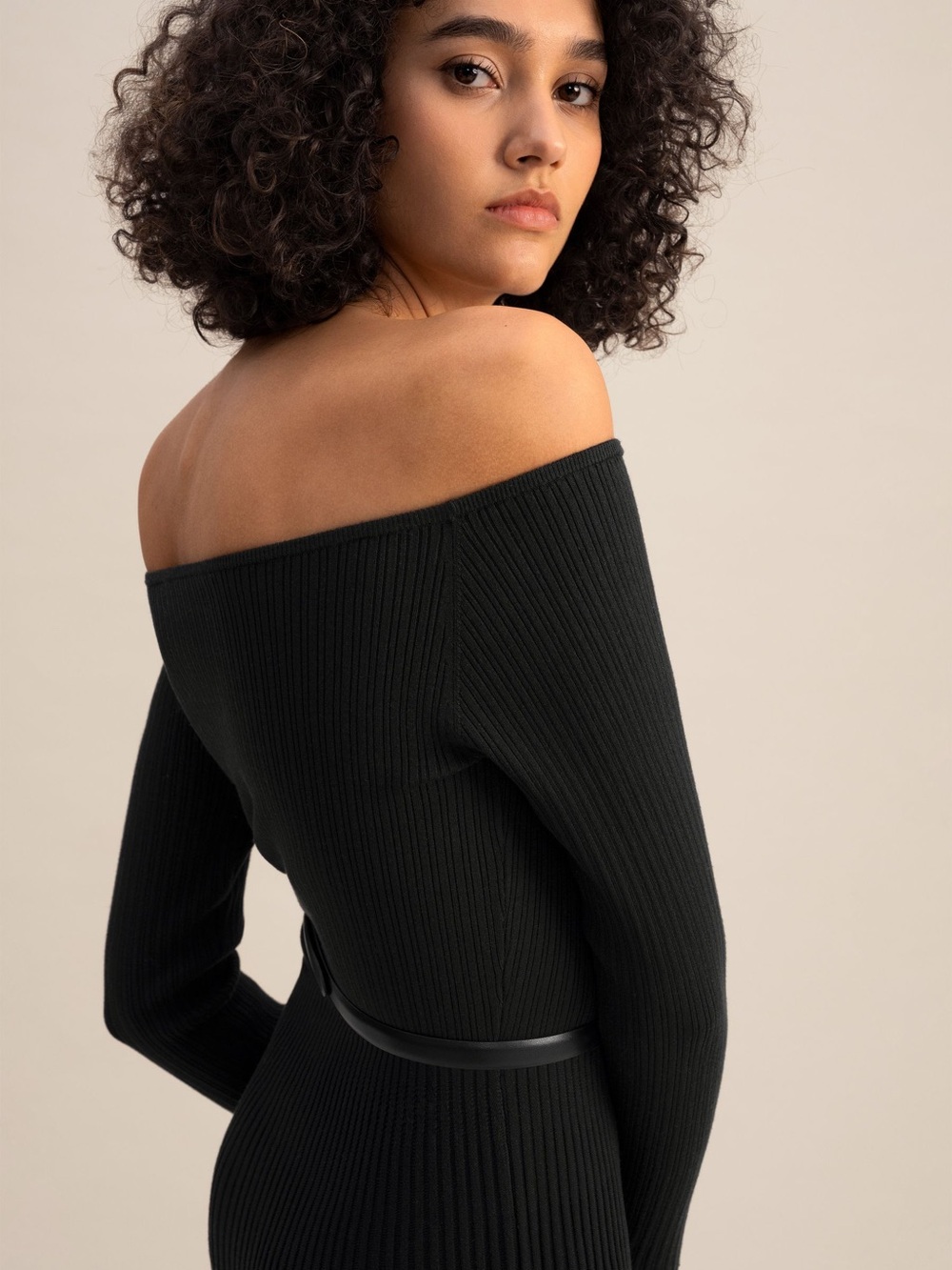 Lilysilk Off Shoulder Black Ribbed Midi Vivi Knit Dress - Picture 7 of 7